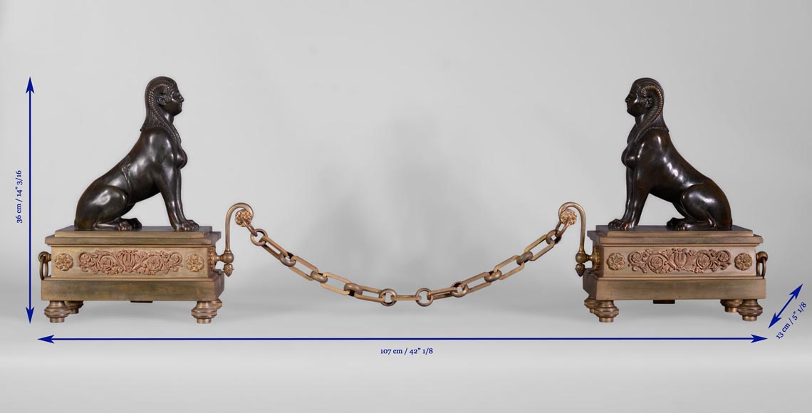 Antique Empire style pair of andirons with Sphinxes, gilt bronze and brown patina bronze Antique Empire style pair of andirons with Sphinxes, gilt bronze and brown patina bronze-9