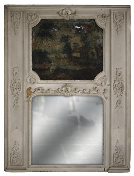 Antique Regence style overmantel mirror with a painting representing a gallant scene Antique Regence style overmantel mirror with a painting representing a gallant scene-0
