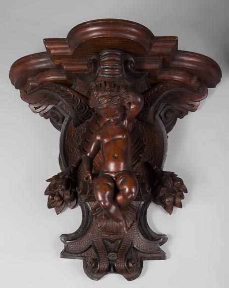 Pair of applied consoles in carved walnut with putti decor, Napoleon 3 period Pair of applied consoles in carved walnut with putti decor, Napoleon 3 period-1