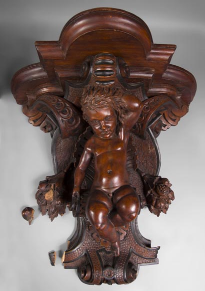 Pair of applied consoles in carved walnut with putti decor, Napoleon 3 period Pair of applied consoles in carved walnut with putti decor, Napoleon 3 period-4