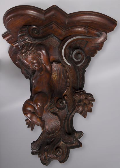 Pair of applied consoles in carved walnut with putti decor, Napoleon 3 period Pair of applied consoles in carved walnut with putti decor, Napoleon 3 period-6