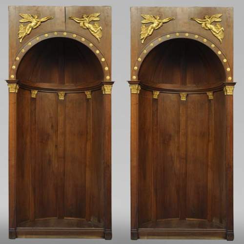 Pair of walnut and gilt stucco alcoves, Louis-Philippe style, with Allegory of Renown