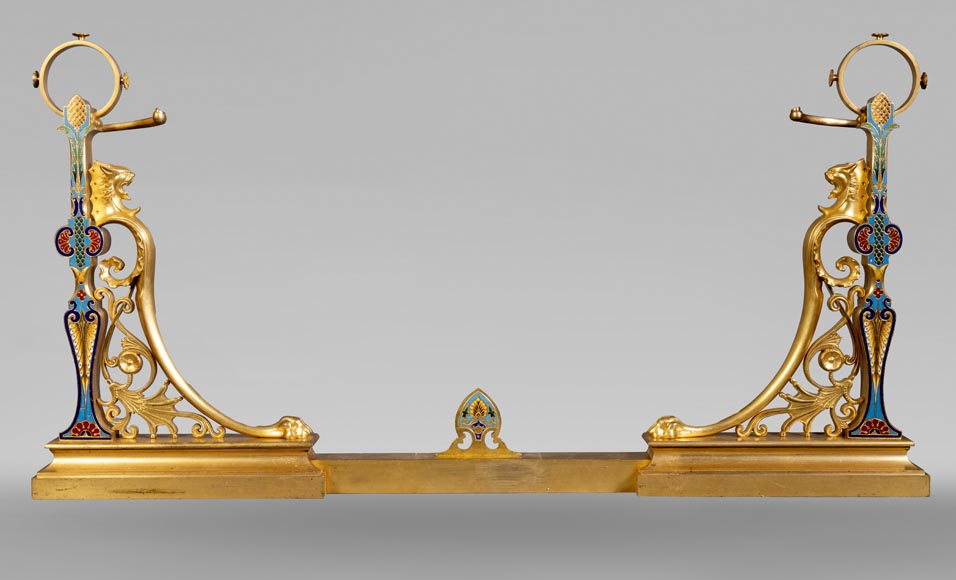 Pair of Napoleon III style andirons in gilt bronze with enamelled decoration Pair of Napoleon III style andirons in gilt bronze with enamelled decoration-0