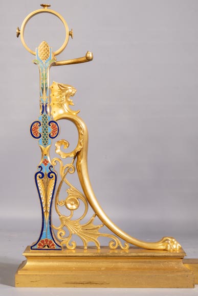 Pair of Napoleon III style andirons in gilt bronze with enamelled decoration Pair of Napoleon III style andirons in gilt bronze with enamelled decoration-1