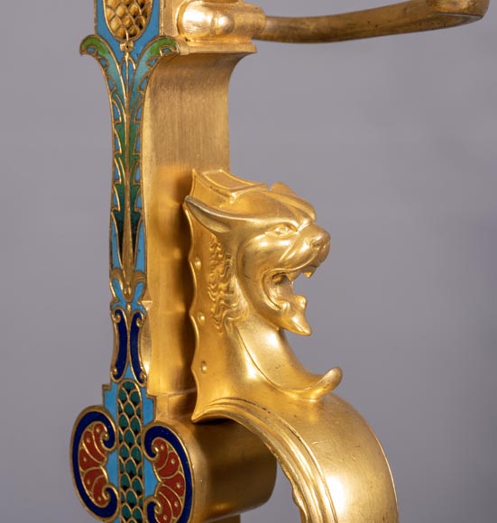 Pair of Napoleon III style andirons in gilt bronze with enamelled decoration Pair of Napoleon III style andirons in gilt bronze with enamelled decoration-3