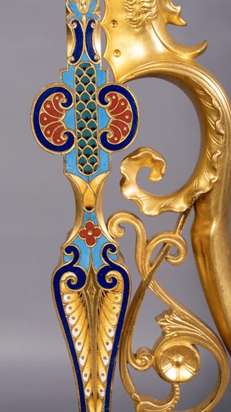 Pair of Napoleon III style andirons in gilt bronze with enamelled decoration Pair of Napoleon III style andirons in gilt bronze with enamelled decoration-4