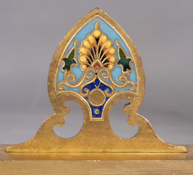 Pair of Napoleon III style andirons in gilt bronze with enamelled decoration Pair of Napoleon III style andirons in gilt bronze with enamelled decoration-6