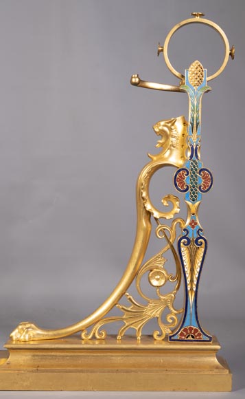 Pair of Napoleon III style andirons in gilt bronze with enamelled decoration Pair of Napoleon III style andirons in gilt bronze with enamelled decoration-7