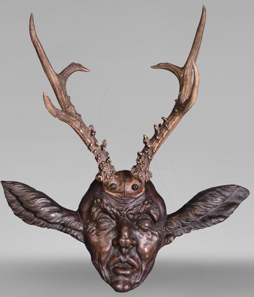 STEINER Hermann (1878-1963) carved wooden and deer antler faun mask STEINER Hermann (1878-1963) carved wooden and deer antler faun mask-0