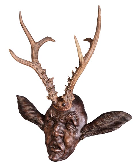 STEINER Hermann (1878-1963) carved wooden and deer antler faun mask STEINER Hermann (1878-1963) carved wooden and deer antler faun mask-1
