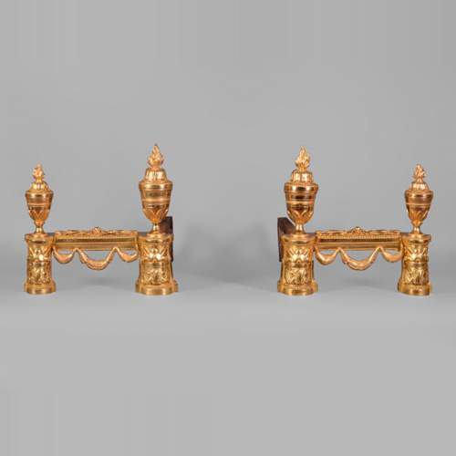 Beautiful pair of Napoleon III style gilt bronze andirons with military trophies