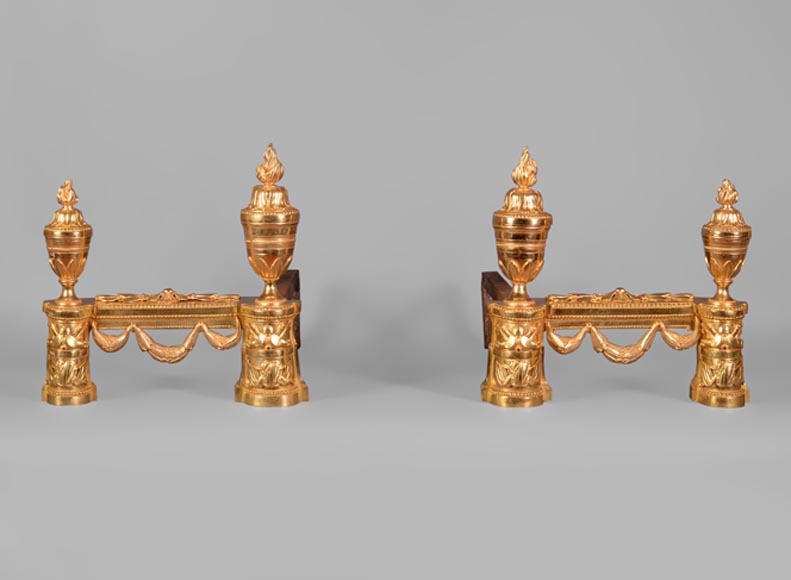 Beautiful pair of Napoleon III style gilt bronze andirons with military trophies Beautiful pair of Napoleon III style gilt bronze andirons with military trophies-0