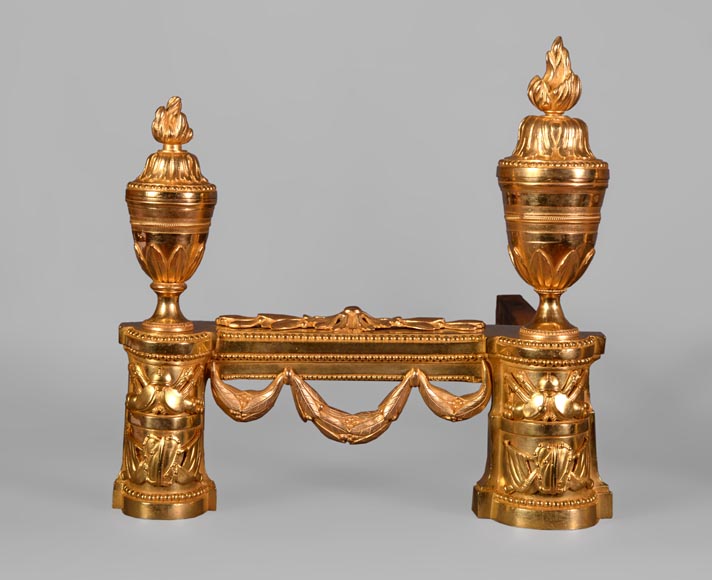 Beautiful pair of Napoleon III style gilt bronze andirons with military trophies Beautiful pair of Napoleon III style gilt bronze andirons with military trophies-1