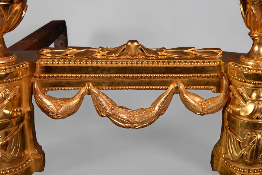 Beautiful pair of Napoleon III style gilt bronze andirons with military trophies Beautiful pair of Napoleon III style gilt bronze andirons with military trophies-2