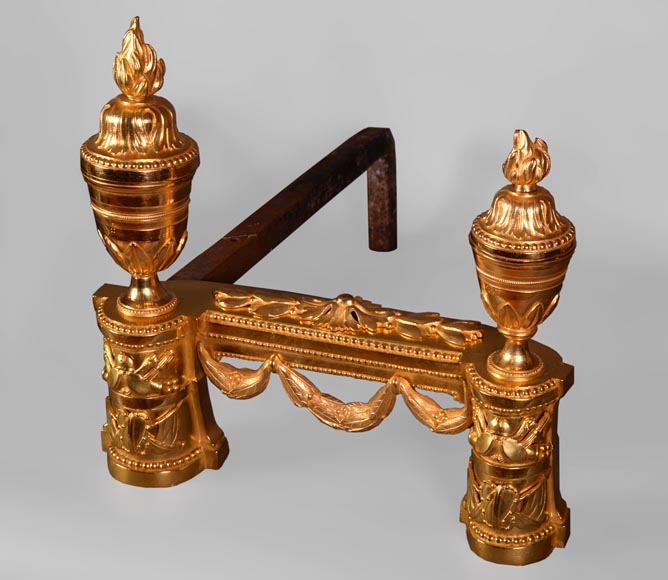 Beautiful pair of Napoleon III style gilt bronze andirons with military trophies Beautiful pair of Napoleon III style gilt bronze andirons with military trophies-5