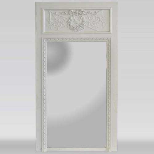 Antique Louis XVI style overmantel mirror with wreaths and masses of weapons, wood and stucco painted blue
