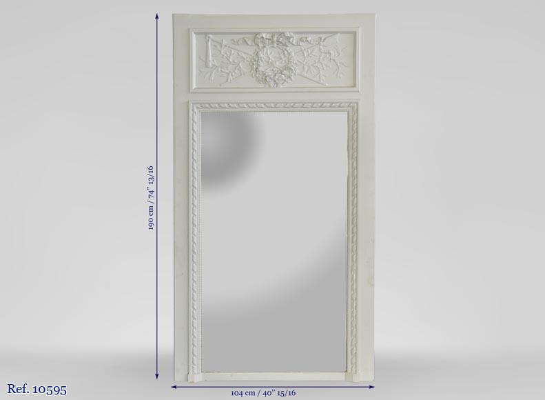 Antique Louis XVI style overmantel mirror with wreaths and masses of weapons, wood and stucco painted blue Antique Louis XVI style overmantel mirror with wreaths and masses of weapons, wood and stucco painted blue-7