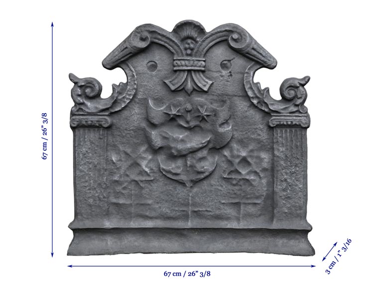 Antique cast iron fireback with coat of arms with a sword and two stars, two ionic pilasters and leather cut pattern, late 17th century  Antique cast iron fireback with coat of arms with a sword and two stars, two ionic pilasters and leather cut pattern, late 17th century -7