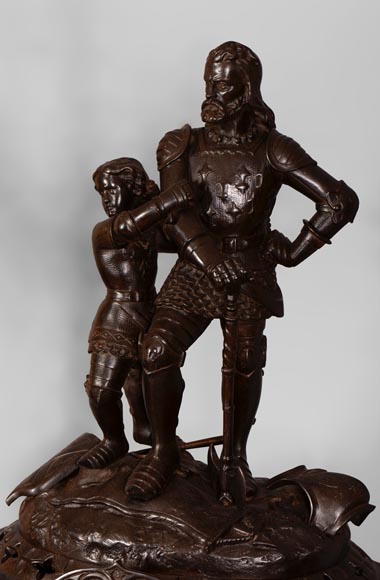 Antique Troubadour style 5 pieces clock set, cast iron and Paris porcelain Antique Troubadour style 5 pieces clock set, cast iron and Paris porcelain-2