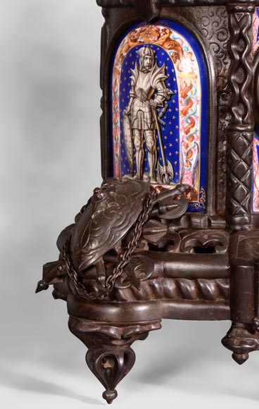 Antique Troubadour style 5 pieces clock set, cast iron and Paris porcelain Antique Troubadour style 5 pieces clock set, cast iron and Paris porcelain-5