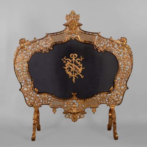 Antique large Napoleon III style firescreen in gilt bronze with head of satyr