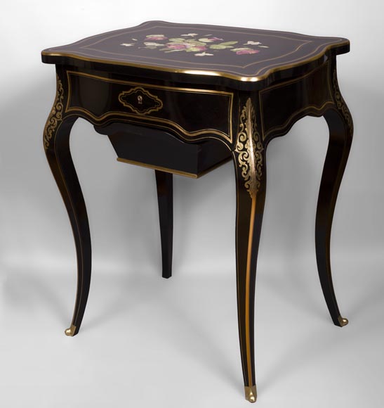 Julien-Nicolas RIVART (1802-1867) - Sewing table in blackened pearwood decorated of wild flowers in porcelain marquetry Julien-Nicolas RIVART (1802-1867) - Sewing table in blackened pearwood decorated of wild flowers in porcelain marquetry-1