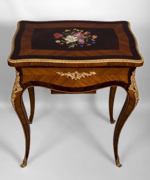 TAHAN Manufactory and Julien-Nicolas RIVART (1802-1867) - Sewing table with flowers bouquet In porcelain marquetry and gilt bronze ornaments-1