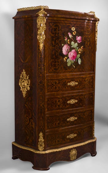 Julien-Nicolas RIVART (1802-1867) - Chiffonier Secretary desk  in wood and porcelain marquetry Decorated of blooming roses Julien-Nicolas RIVART (1802-1867) - Chiffonier Secretary desk  in wood and porcelain marquetry Decorated of blooming roses-1