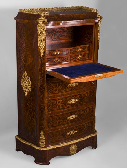 Julien-Nicolas RIVART (1802-1867) - Chiffonier Secretary desk  in wood and porcelain marquetry Decorated of blooming roses Julien-Nicolas RIVART (1802-1867) - Chiffonier Secretary desk  in wood and porcelain marquetry Decorated of blooming roses-4