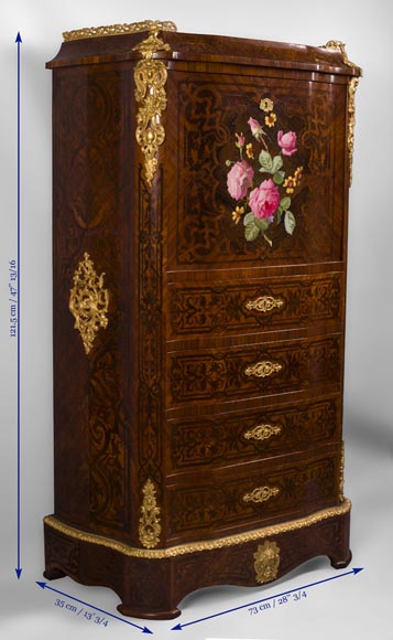 Julien-Nicolas RIVART (1802-1867) - Chiffonier Secretary desk  in wood and porcelain marquetry Decorated of blooming roses Julien-Nicolas RIVART (1802-1867) - Chiffonier Secretary desk  in wood and porcelain marquetry Decorated of blooming roses-6