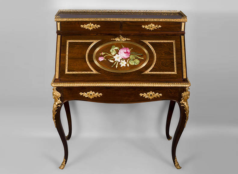 Julien-Nicolas RIVART (1802-1867) - Writing desk with gilt bronze espagnolettes and porcelain marquetry decoration Julien-Nicolas RIVART (1802-1867) - Writing desk with gilt bronze espagnolettes and porcelain marquetry decoration-0