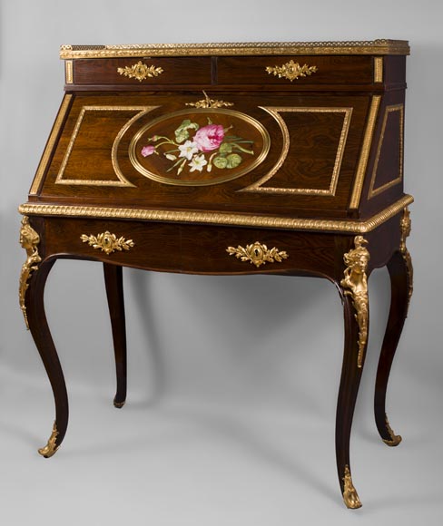 Julien-Nicolas RIVART (1802-1867) - Writing desk with gilt bronze espagnolettes and porcelain marquetry decoration Julien-Nicolas RIVART (1802-1867) - Writing desk with gilt bronze espagnolettes and porcelain marquetry decoration-1
