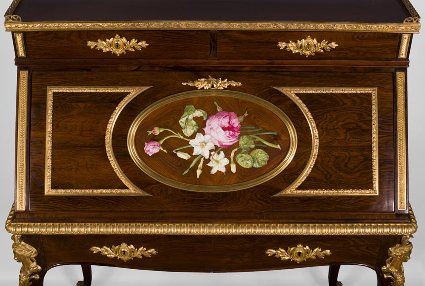 Julien-Nicolas RIVART (1802-1867) - Writing desk with gilt bronze espagnolettes and porcelain marquetry decoration Julien-Nicolas RIVART (1802-1867) - Writing desk with gilt bronze espagnolettes and porcelain marquetry decoration-2
