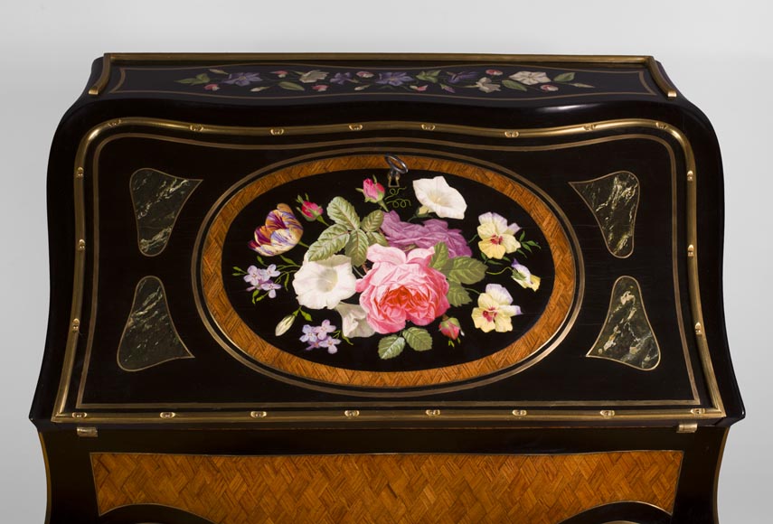 Julien-Nicolas RIVART (1802-1867) - Curved writing desk with lozenges marquetry And flowers bouquet in porcelain inlay Julien-Nicolas RIVART (1802-1867) - Curved writing desk with lozenges marquetry And flowers bouquet in porcelain inlay-2