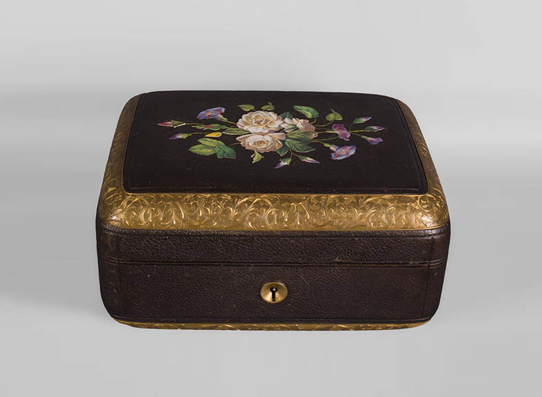 Julien-Nicolas RIVART (1802-1867) - Leather sheathed jewelry box decorated of porcelain marquetry Julien-Nicolas RIVART (1802-1867) - Leather sheathed jewelry box decorated of porcelain marquetry-0