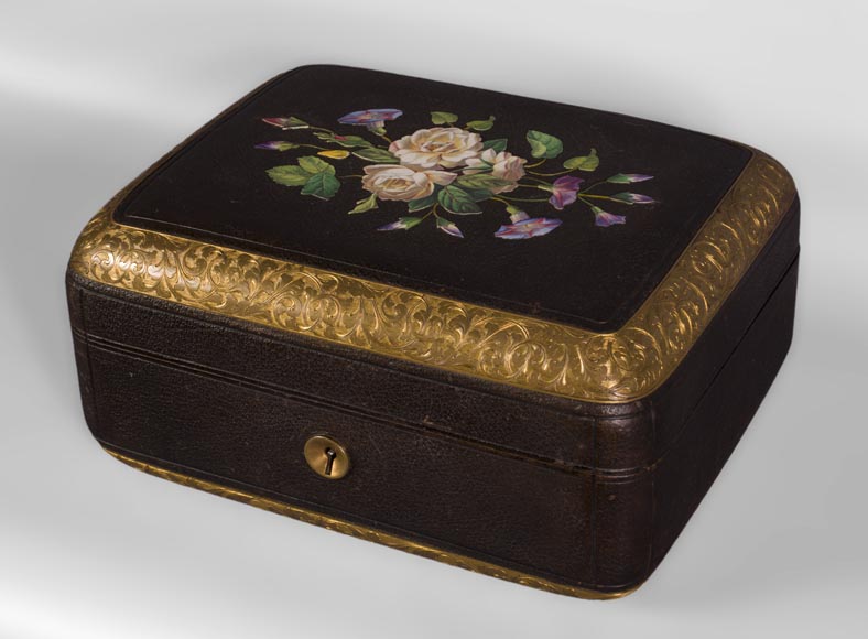 Julien-Nicolas RIVART (1802-1867) - Leather sheathed jewelry box decorated of porcelain marquetry Julien-Nicolas RIVART (1802-1867) - Leather sheathed jewelry box decorated of porcelain marquetry-1