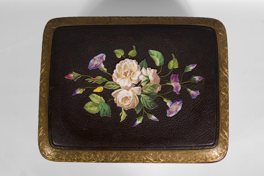 Julien-Nicolas RIVART (1802-1867) - Leather sheathed jewelry box decorated of porcelain marquetry Julien-Nicolas RIVART (1802-1867) - Leather sheathed jewelry box decorated of porcelain marquetry-2