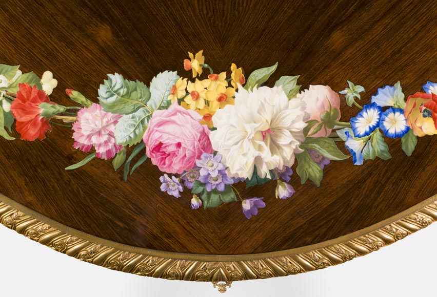 TAHAN Manufactory, Julien-Nicolas RIVART (1802-1867) and Pierre-Joseph GUEROU - Exceptional Louis XV style violin-shaped Desk Decorated with porcelain marquetry And gilt bronze espagnolettes TAHAN Manufactory, Julien-Nicolas RIVART (1802-1867) and Pierre-Joseph GUEROU - Exceptional Louis XV style violin-shaped Desk Decorated with porcelain marquetry And gilt bronze espagnolettes-2