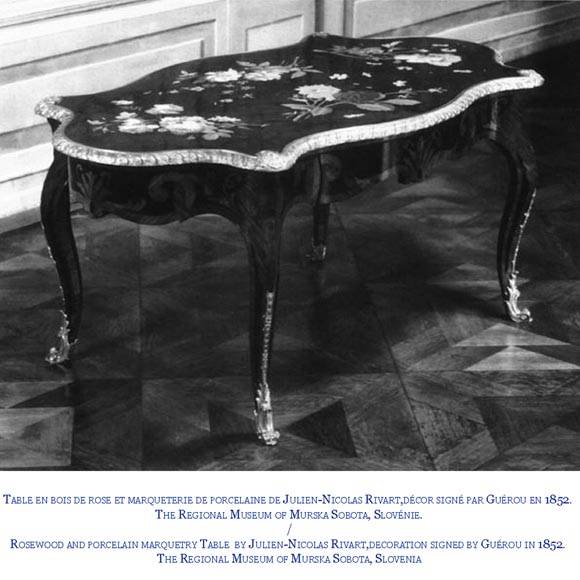 TAHAN Manufactory, Julien-Nicolas RIVART (1802-1867) and Pierre-Joseph GUEROU - Exceptional Louis XV style violin-shaped Desk Decorated with porcelain marquetry And gilt bronze espagnolettes TAHAN Manufactory, Julien-Nicolas RIVART (1802-1867) and Pierre-Joseph GUEROU - Exceptional Louis XV style violin-shaped Desk Decorated with porcelain marquetry And gilt bronze espagnolettes-9