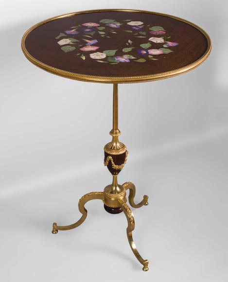 TAHAN Manufactory and Julien-Nicolas RIVART (1802-1867) - Graceful tip-up pedestal table decorated of morning glories in porcelain marquetry TAHAN Manufactory and Julien-Nicolas RIVART (1802-1867) - Graceful tip-up pedestal table decorated of morning glories in porcelain marquetry-0