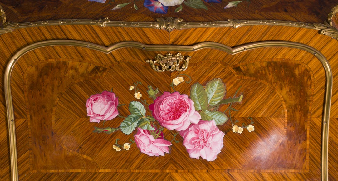 Alphonse GIROUX et cie and Julien-Nicolas RIVART (1802-1867) - Gorgeous writing desk with espagnolettes and decoration of roses in porcelain inlays Alphonse GIROUX et cie and Julien-Nicolas RIVART (1802-1867) - Gorgeous writing desk with espagnolettes and decoration of roses in porcelain inlays-2