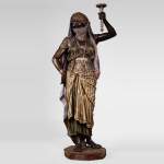 Anatole J. GUILLOT (1865-1911) (after) - « Young oriental woman», Important figural torchère in polychrome spelter