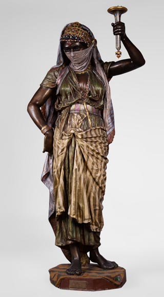 Anatole J. GUILLOT (1865-1911) (after) - « Young oriental woman», Important figural torchère in polychrome spelter-0