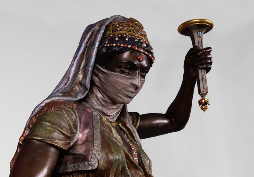 Anatole J. GUILLOT (1865-1911) (after) - « Young oriental woman», Important figural torchère in polychrome spelter-1