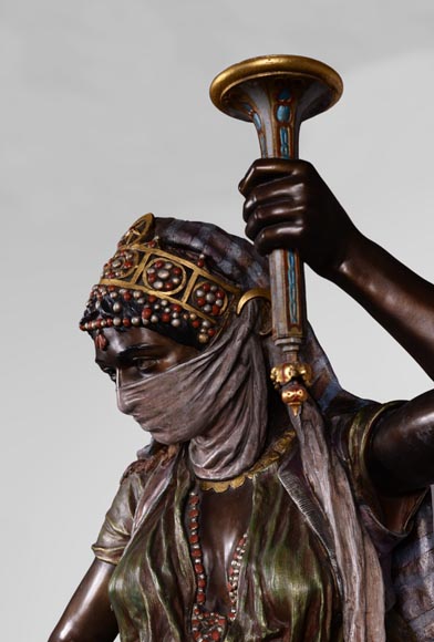 Anatole J. GUILLOT (1865-1911) (after) - « Young oriental woman», Important figural torchère in polychrome spelter Anatole J. GUILLOT (1865-1911) (after) - « Young oriental woman», Important figural torchère in polychrome spelter-2
