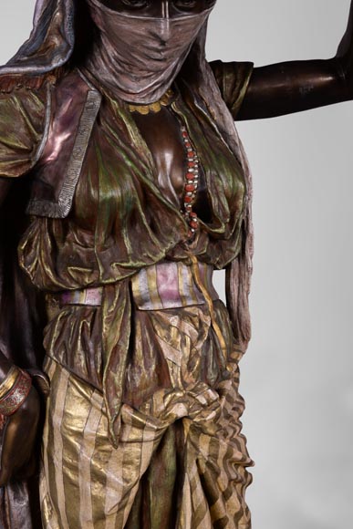 Anatole J. GUILLOT (1865-1911) (after) - « Young oriental woman», Important figural torchère in polychrome spelter-3