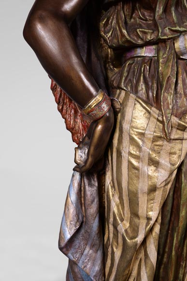 Anatole J. GUILLOT (1865-1911) (after) - « Young oriental woman», Important figural torchère in polychrome spelter-4