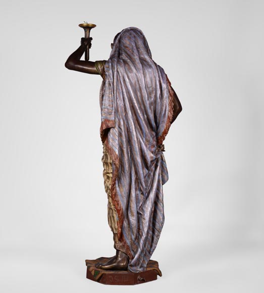 Anatole J. GUILLOT (1865-1911) (after) - « Young oriental woman», Important figural torchère in polychrome spelter-8