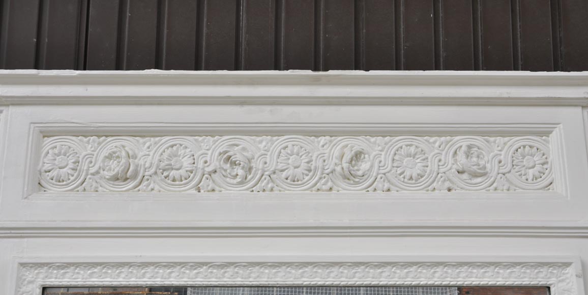 Antique Louis XVI style overmantel mirror with flowers frieze, wood and painted stucco Antique Louis XVI style overmantel mirror with flowers frieze, wood and painted stucco-1