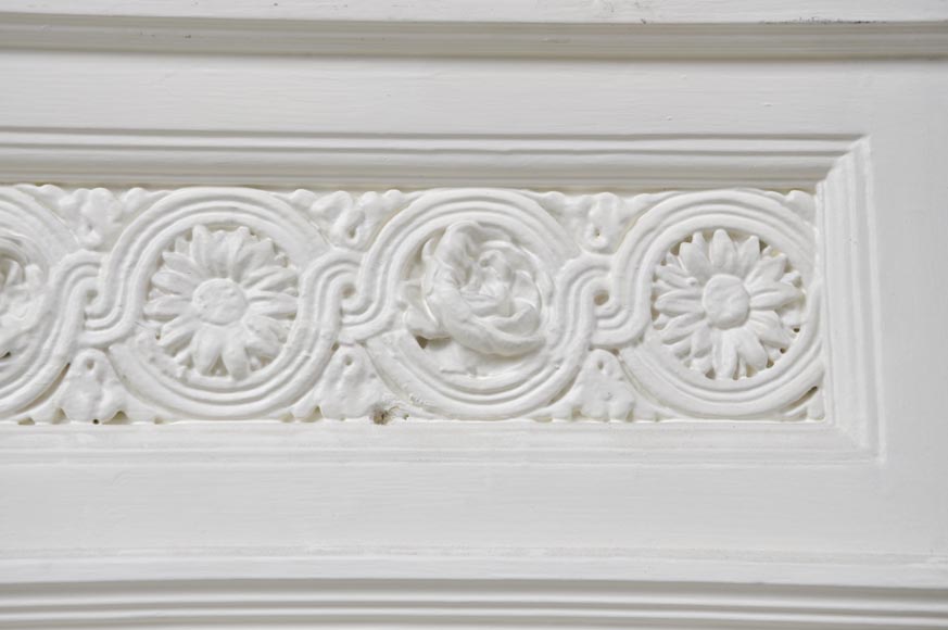 Antique Louis XVI style overmantel mirror with flowers frieze, wood and painted stucco Antique Louis XVI style overmantel mirror with flowers frieze, wood and painted stucco-2